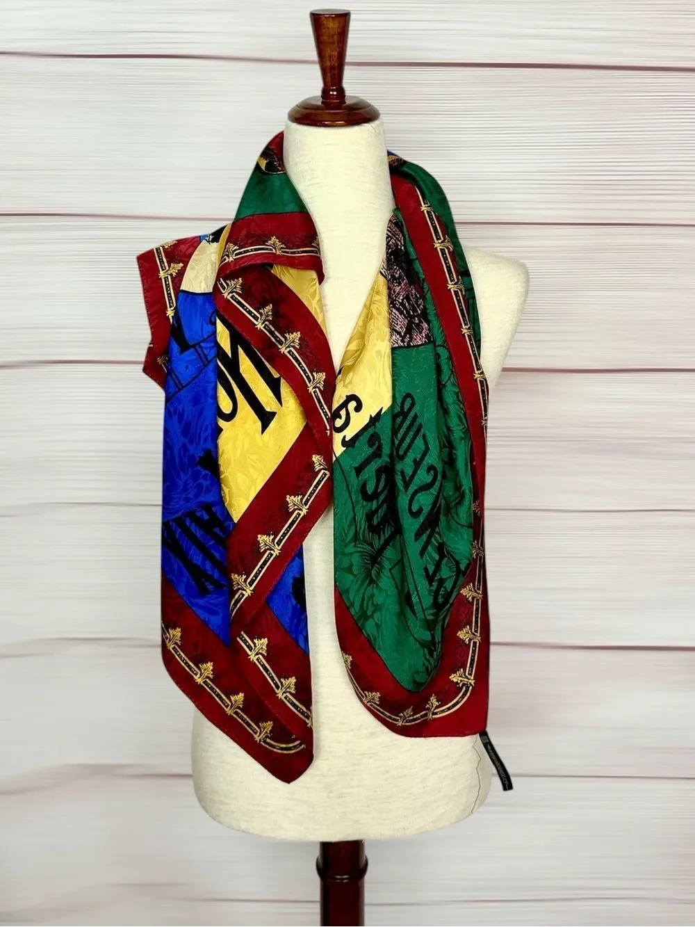 Ellen Tracy Silk Jacquard Scarf Grand Hotel De La Paix Madrid Travel Print Vtg